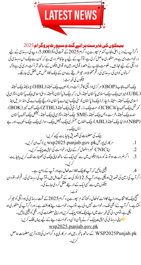 CM Punjab Wheat Support Program 2025 – Check Bank List Online to Receive Your PKR 5,000 Subsidy