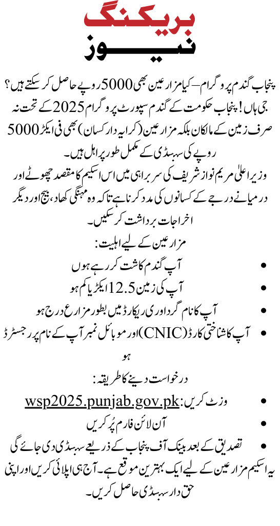 Punjab Wheat Program – Can Land Tenants Claim the Rs. 5000